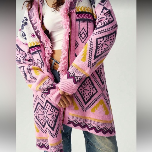 Bohemian fringe knit oversized cardigan sweater pink eye eyeball printed tribal - Picture 9 of 9